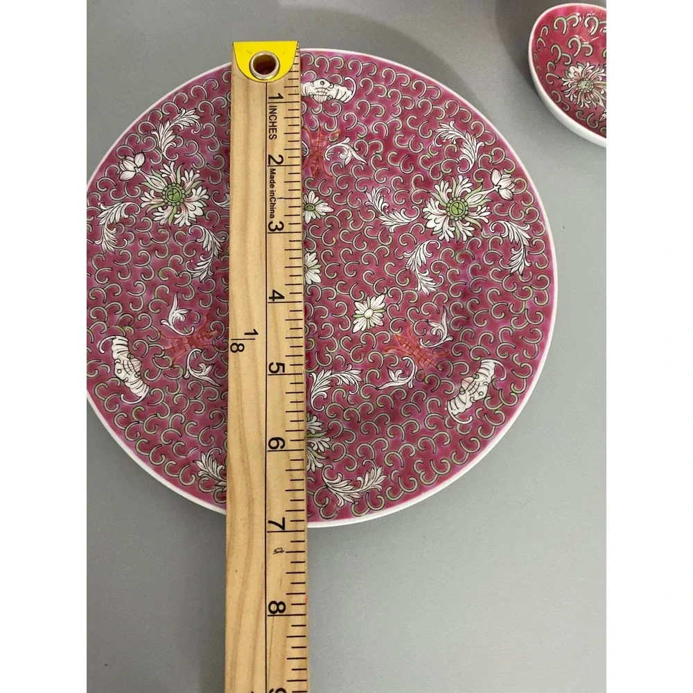 VTG Chinese Jingdezhen Mun Shou Famille Longevity Rice Bowl‎ spoon saucer pink